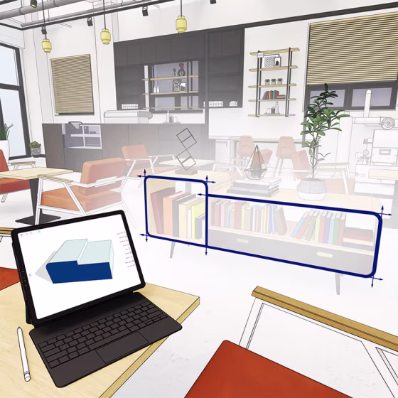 Rendering of cafe with a tablet in the foreground.